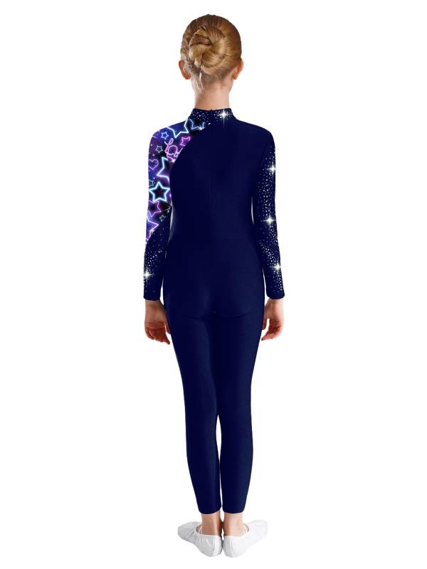 Kids Girls Long Sleeve Rhinestones Stars Print Unitard for Gymnastics thumb