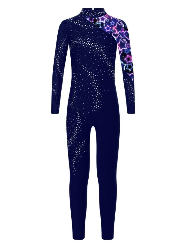 Kids Girls Long Sleeve Rhinestones Stars Print Unitard for Gymnastics thumb