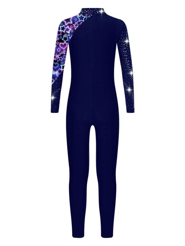 Kids Girls Long Sleeve Rhinestones Stars Print Unitard for Gymnastics thumb