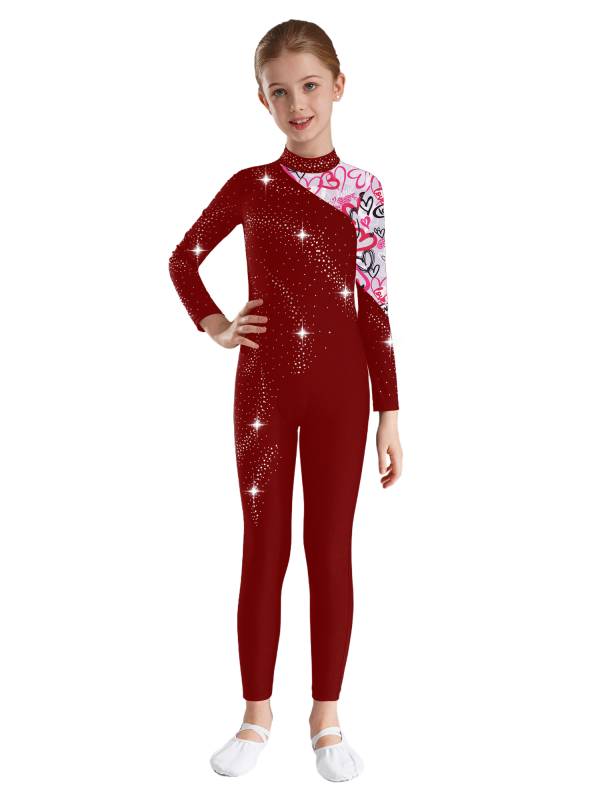 Kids Girls Long Sleeve Rhinestones Stars Print Unitard for Gymnastics thumb