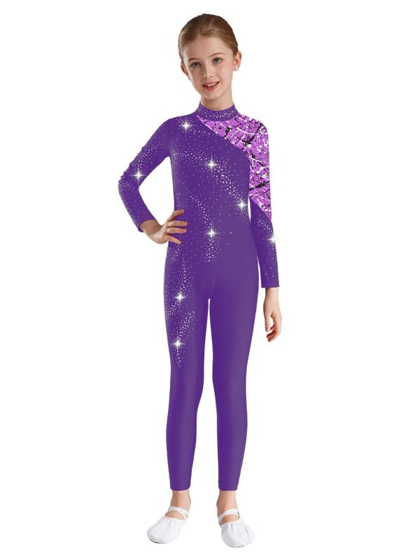 Kids Girls Long Sleeve Rhinestones Stars Print Unitard for Gymnastics thumb