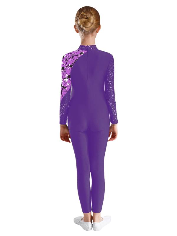 Kids Girls Long Sleeve Rhinestones Stars Print Unitard for Gymnastics thumb