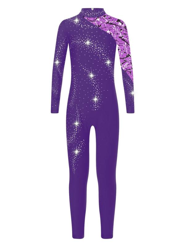 Kids Girls Long Sleeve Rhinestones Stars Print Unitard for Gymnastics thumb
