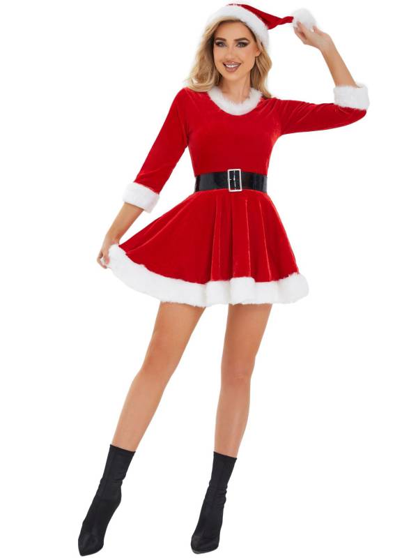 Women Christmas Velvet 3/4 Sleeve A-Line Dress with Belt and Hat thumb