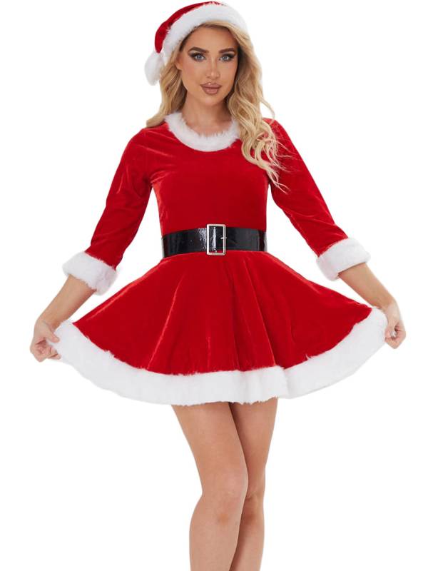 Women Christmas Velvet 3/4 Sleeve A-Line Dress with Belt and Hat thumb