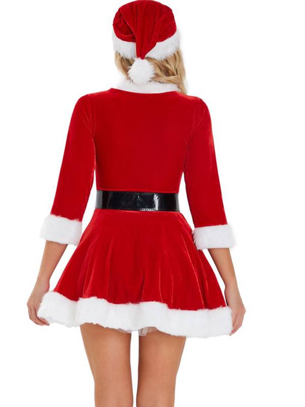 Women Christmas Velvet 3/4 Sleeve A-Line Dress with Belt and Hat thumb