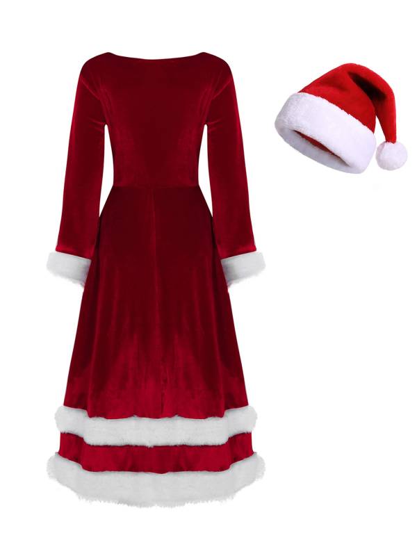 Women 2pcs Christmas Long Sleeve Scoop Neck Velvet Faux Fur Dress with Santa Hat thumb