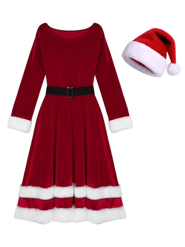 Women 2pcs Christmas Long Sleeve Scoop Neck Velvet Faux Fur Dress with Santa Hat thumb