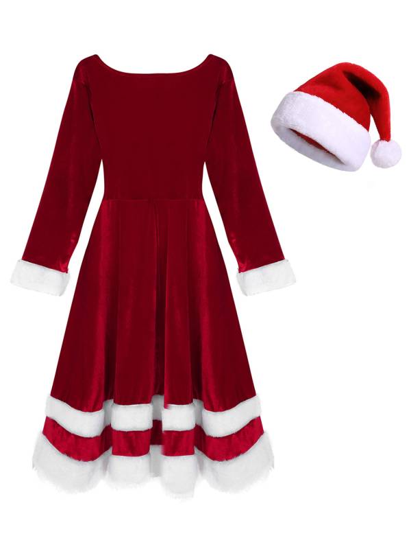 Women 2pcs Christmas Long Sleeve Scoop Neck Velvet Faux Fur Dress with Santa Hat thumb