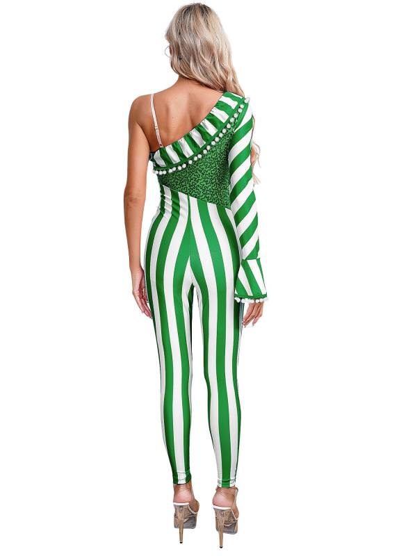 Women One Shoulder Sequin Pompom Stripes Christmas Candy Cane Jumpsuit thumb