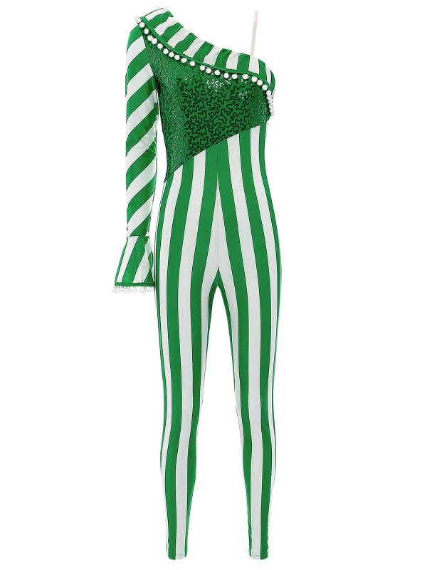 Women One Shoulder Sequin Pompom Stripes Christmas Candy Cane Jumpsuit thumb