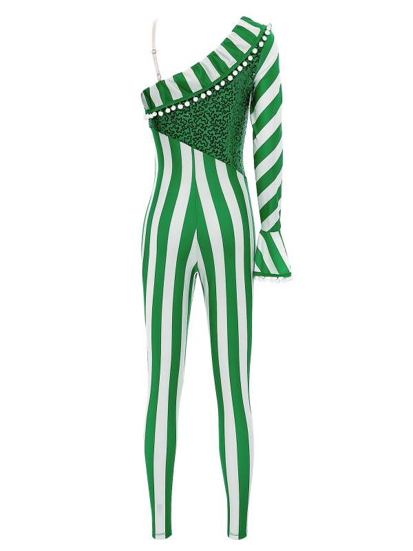 Women One Shoulder Sequin Pompom Stripes Christmas Candy Cane Jumpsuit thumb