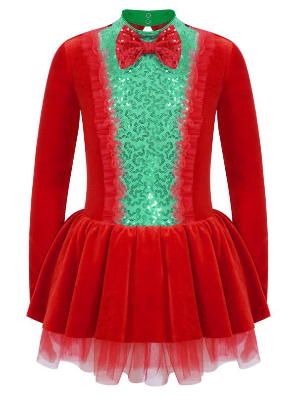 Kids Girls Christmas Long Sleeve Bow Sequins Tutu Dress thumb
