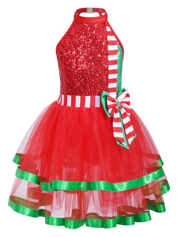 Kids Girls Christmas Sleeveless Halter Neck Sequins Stripes Ball Gown Tutu Dress thumb