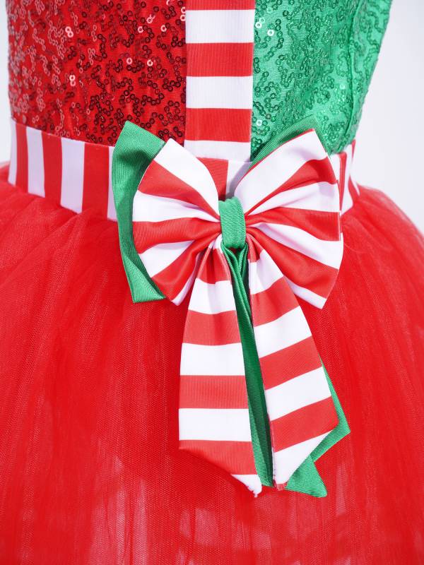 Kids Girls Christmas Sleeveless Halter Neck Sequins Stripes Ball Gown Tutu Dress thumb