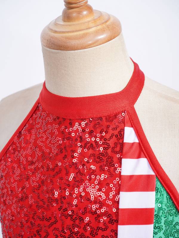 Kids Girls Christmas Sleeveless Halter Neck Sequins Stripes Ball Gown Tutu Dress thumb