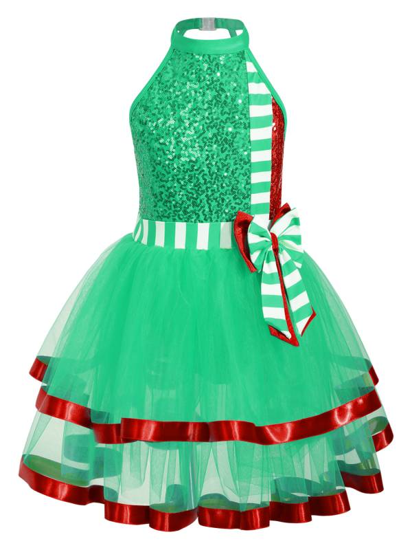Kids Girls Christmas Sleeveless Halter Neck Sequins Stripes Ball Gown Tutu Dress thumb