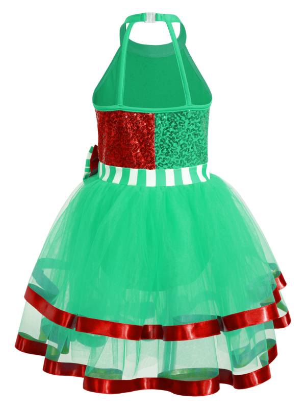 Kids Girls Christmas Sleeveless Halter Neck Sequins Stripes Ball Gown Tutu Dress thumb