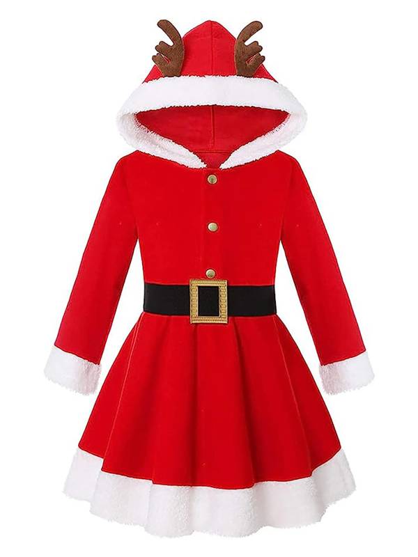 Kids Girls Christmas Reindeer Long Sleeve Hooded Fleece A-line Dress with Belt thumb