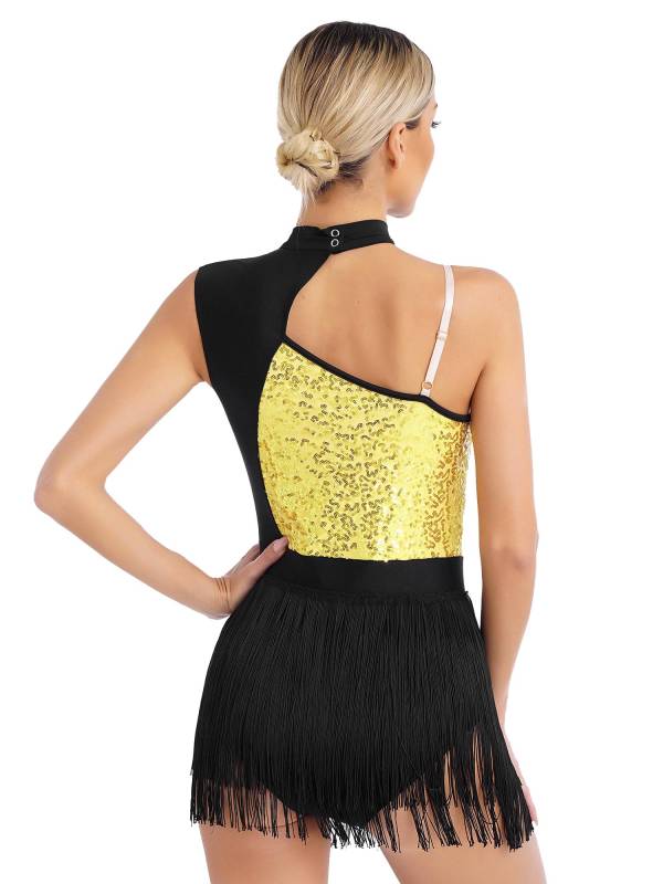 Women One Shoulder Sleeveless Sequin Tassel Latin Dance Leotard thumb