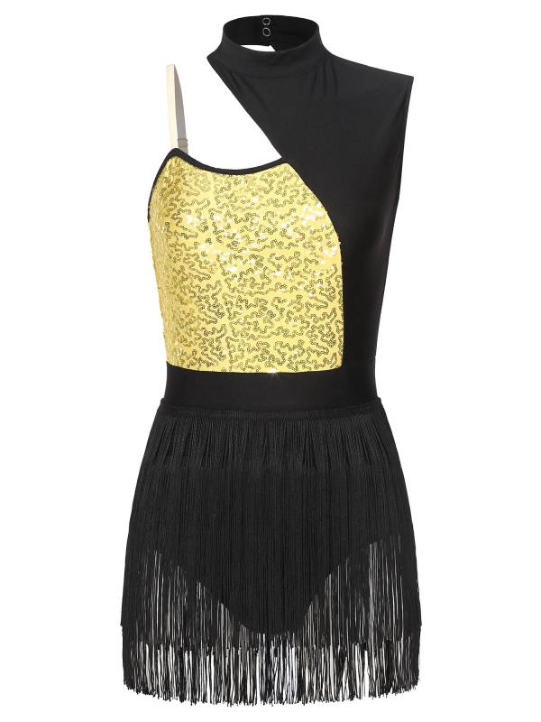 Women One Shoulder Sleeveless Sequin Tassel Latin Dance Leotard thumb