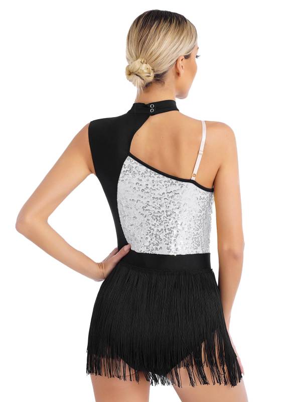 Women One Shoulder Sleeveless Sequin Tassel Latin Dance Leotard thumb