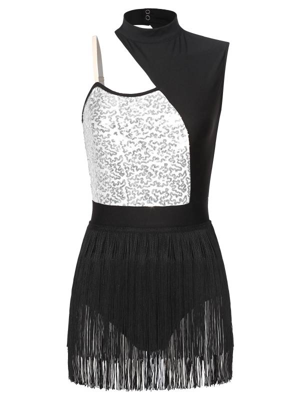 Women One Shoulder Sleeveless Sequin Tassel Latin Dance Leotard thumb