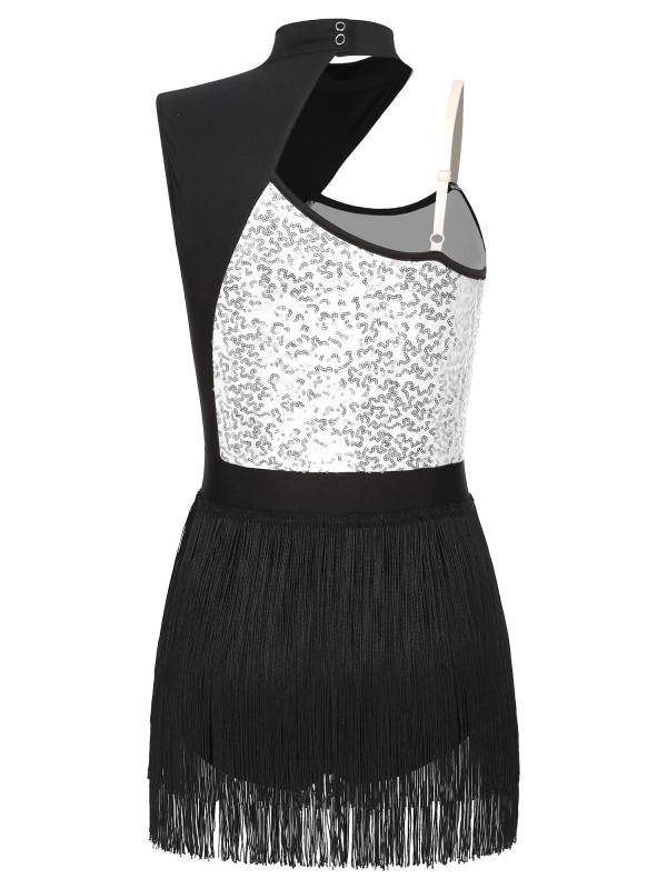 Women One Shoulder Sleeveless Sequin Tassel Latin Dance Leotard thumb