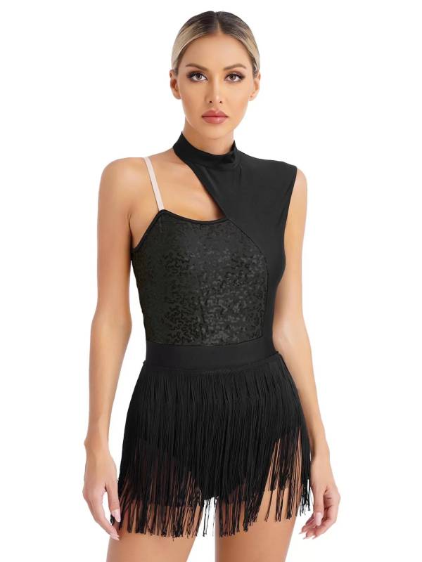 Women One Shoulder Sleeveless Sequin Tassel Latin Dance Leotard thumb