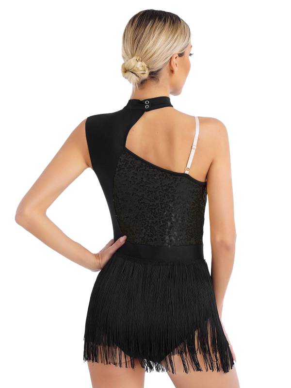 Women One Shoulder Sleeveless Sequin Tassel Latin Dance Leotard thumb