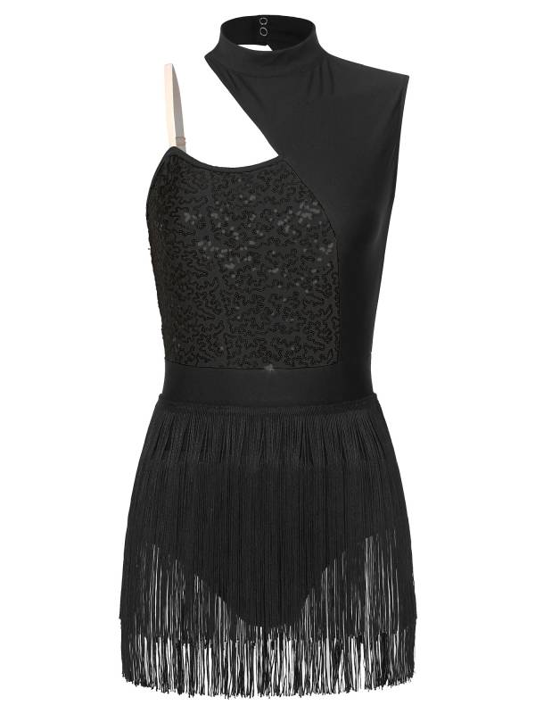 Women One Shoulder Sleeveless Sequin Tassel Latin Dance Leotard thumb