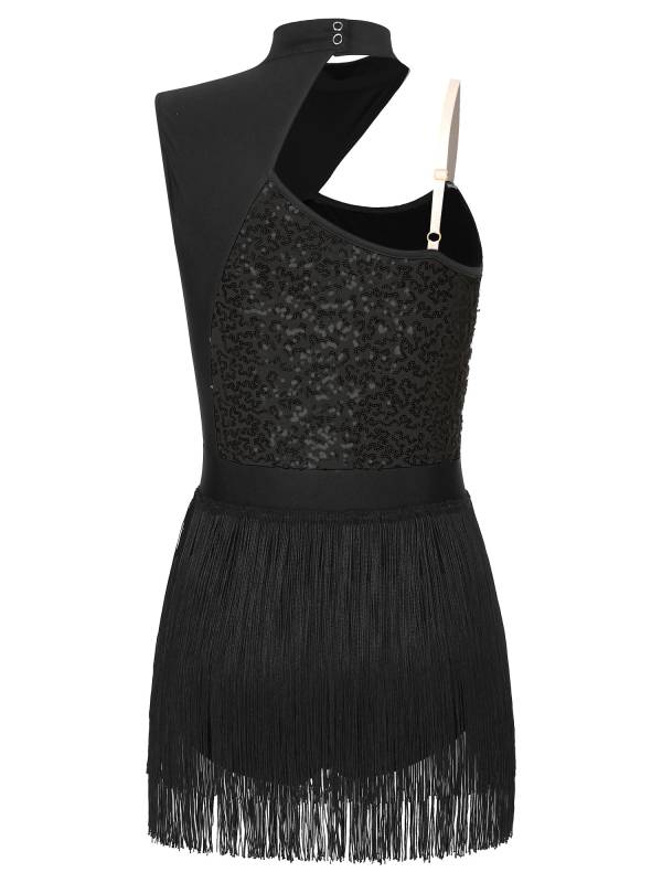 Women One Shoulder Sleeveless Sequin Tassel Latin Dance Leotard thumb