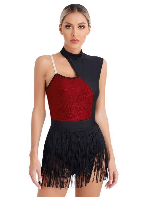 Women One Shoulder Sleeveless Sequin Tassel Latin Dance Leotard thumb