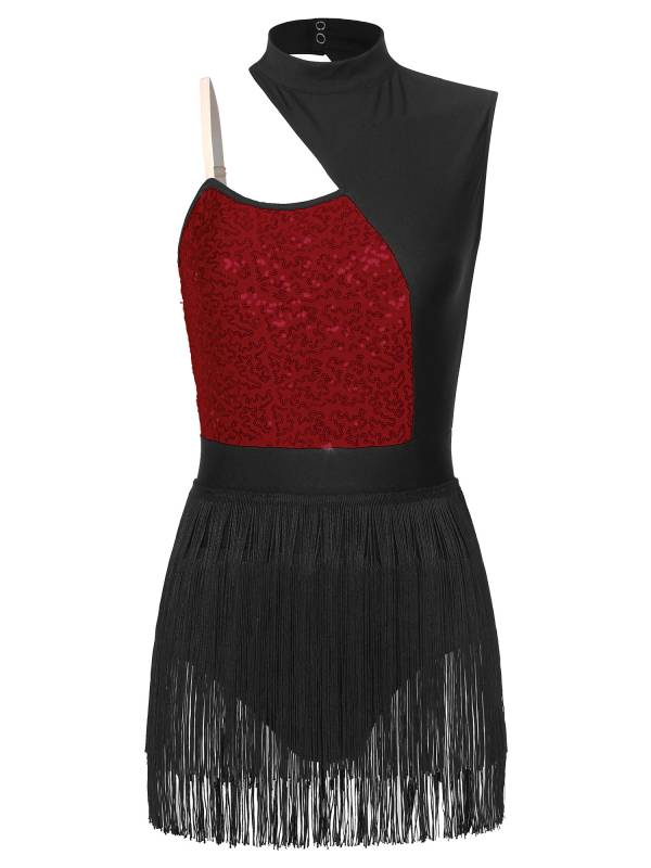 Women One Shoulder Sleeveless Sequin Tassel Latin Dance Leotard thumb