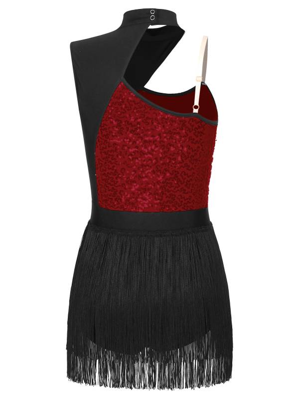 Women One Shoulder Sleeveless Sequin Tassel Latin Dance Leotard thumb