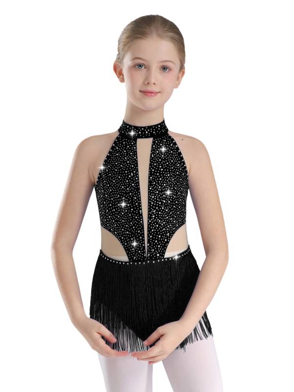 Kids Girls Sparkly Rhinestone Sleeveless Tassel Latin Dance Leotard thumb