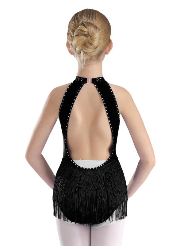 Kids Girls Sparkly Rhinestone Sleeveless Tassel Latin Dance Leotard thumb