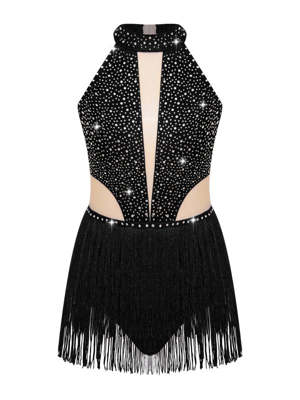 Kids Girls Sparkly Rhinestone Sleeveless Tassel Latin Dance Leotard thumb