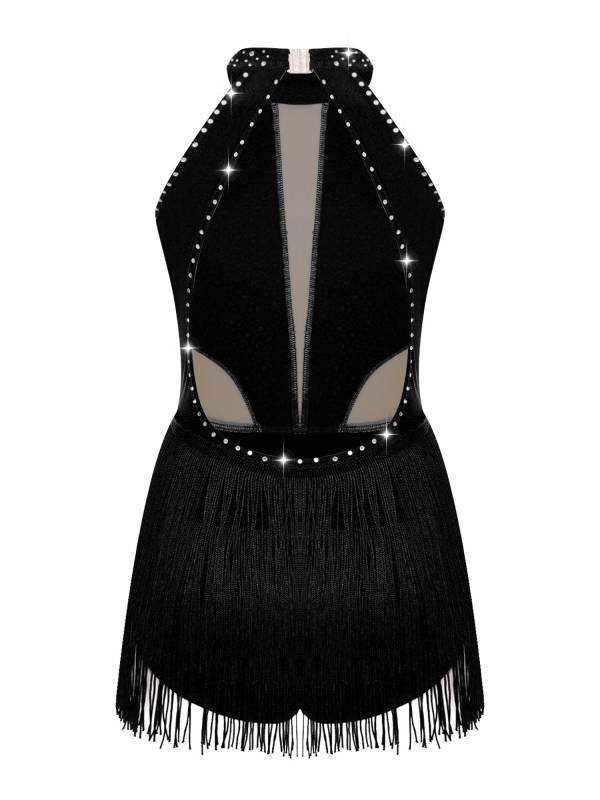Kids Girls Sparkly Rhinestone Sleeveless Tassel Latin Dance Leotard thumb