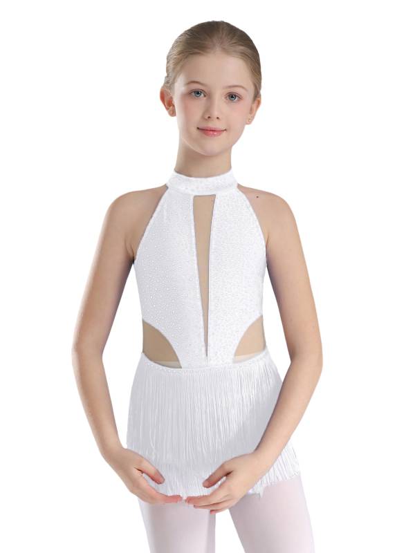 Kids Girls Sparkly Rhinestone Sleeveless Tassel Latin Dance Leotard thumb