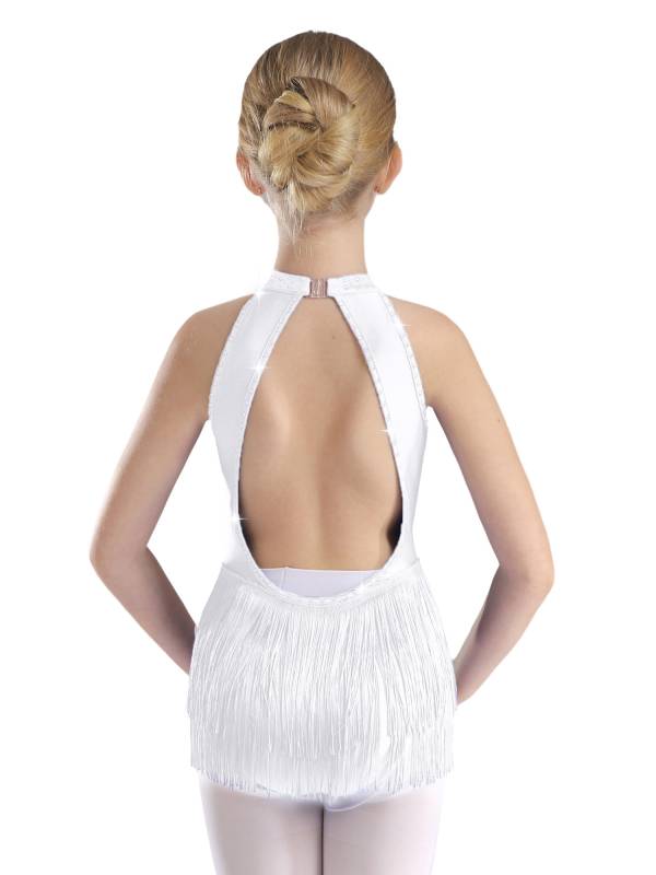Kids Girls Sparkly Rhinestone Sleeveless Tassel Latin Dance Leotard thumb