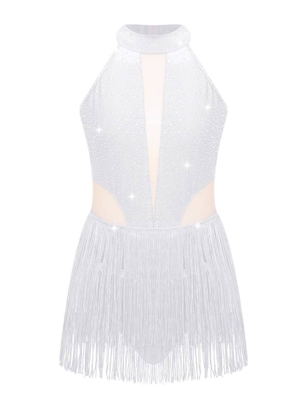 Kids Girls Sparkly Rhinestone Sleeveless Tassel Latin Dance Leotard thumb