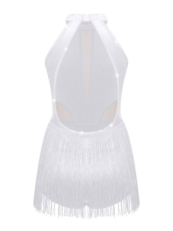 Kids Girls Sparkly Rhinestone Sleeveless Tassel Latin Dance Leotard thumb