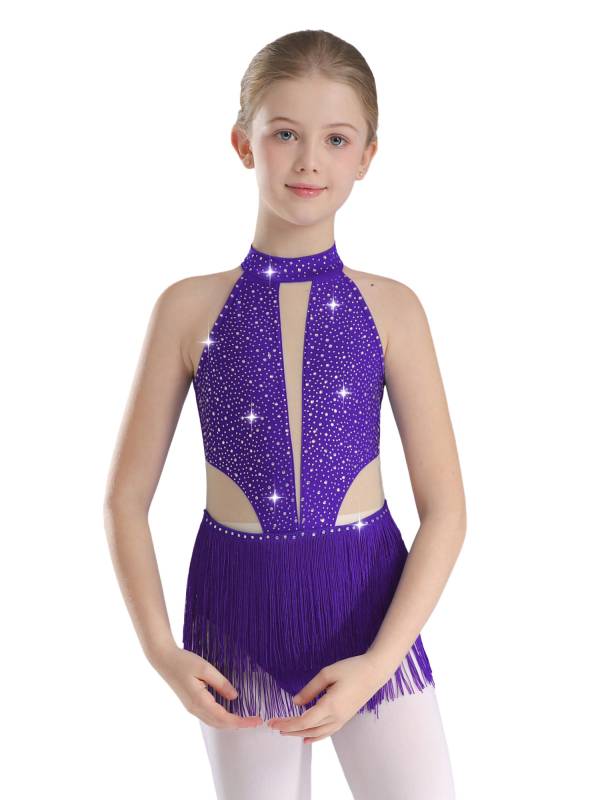 Kids Girls Sparkly Rhinestone Sleeveless Tassel Latin Dance Leotard thumb