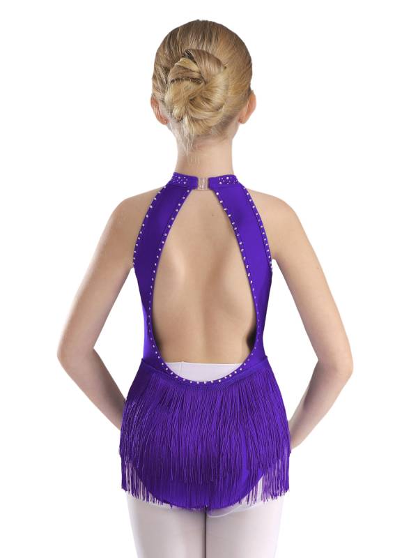 Kids Girls Sparkly Rhinestone Sleeveless Tassel Latin Dance Leotard thumb