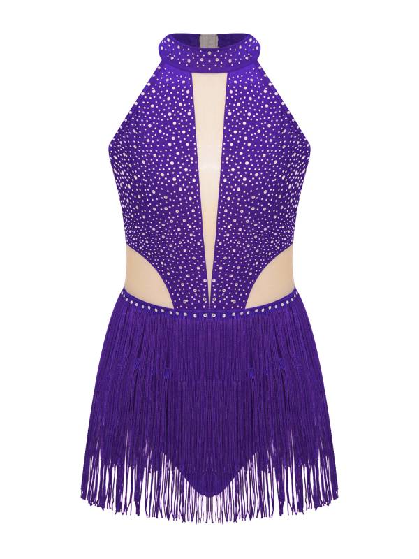 Kids Girls Sparkly Rhinestone Sleeveless Tassel Latin Dance Leotard thumb