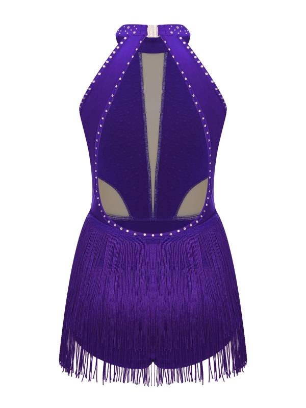 Kids Girls Sparkly Rhinestone Sleeveless Tassel Latin Dance Leotard thumb