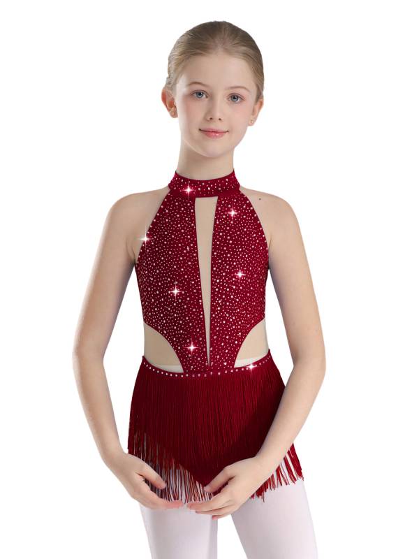 Kids Girls Sparkly Rhinestone Sleeveless Tassel Latin Dance Leotard thumb