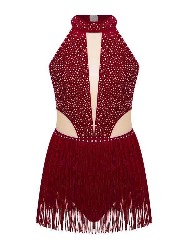 Kids Girls Sparkly Rhinestone Sleeveless Tassel Latin Dance Leotard thumb