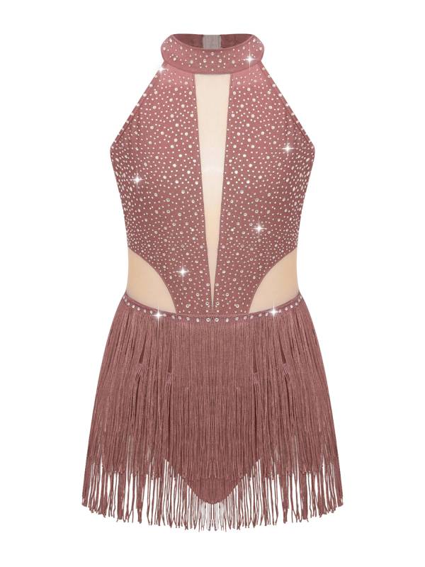 Kids Girls Sparkly Rhinestone Sleeveless Tassel Latin Dance Leotard thumb